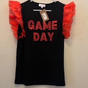 Jolie Moi Black "Game Day" Short Sleeve Tee with Red Ruffle Sleeves